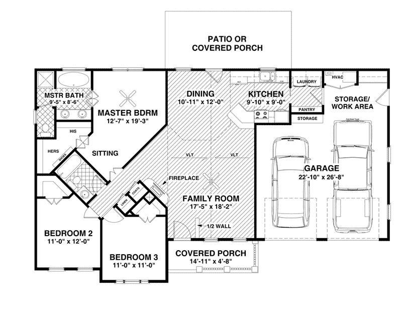 Ranch House Plan First Floor - Koch Creek Country Home 013D-0198 | House Plans and More