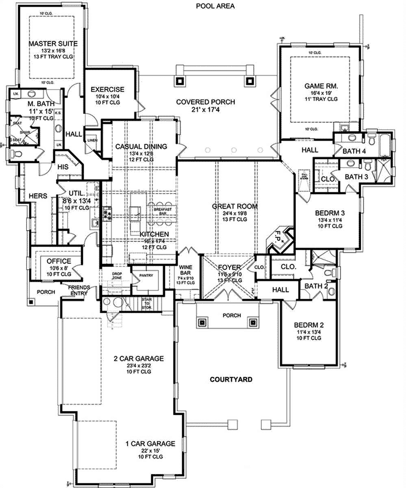 Modern House Plan First Floor - Marbella Bay Luxury Ranch Home 019S-0004 - Shop House Plans and More