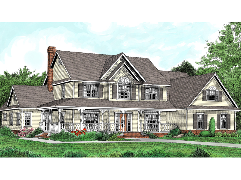 Country Two-Story House With Wrap-Around Porch