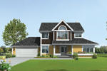 Farmhouse Style Two-Story Has Shingle Siding And Arched Window Above Door