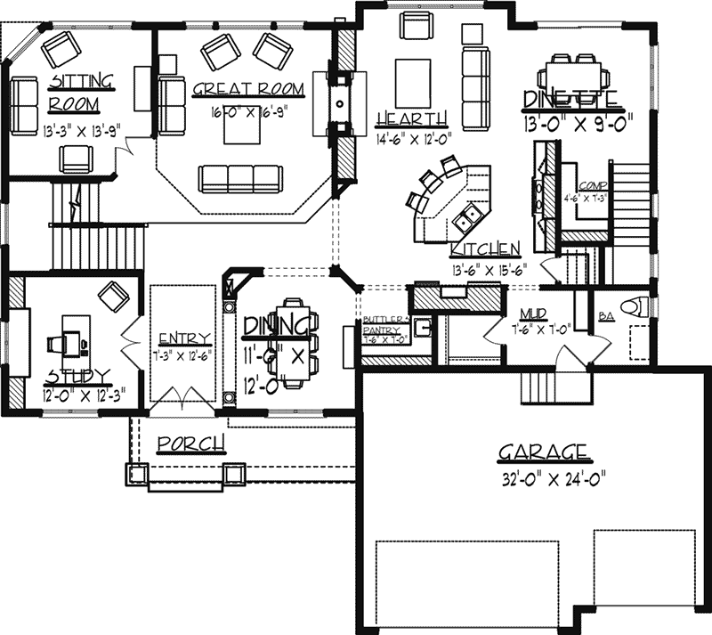 Arts & Crafts House Plan First Floor - Edsel Arts And Crafts Home 072S-0003 | House Plans and More